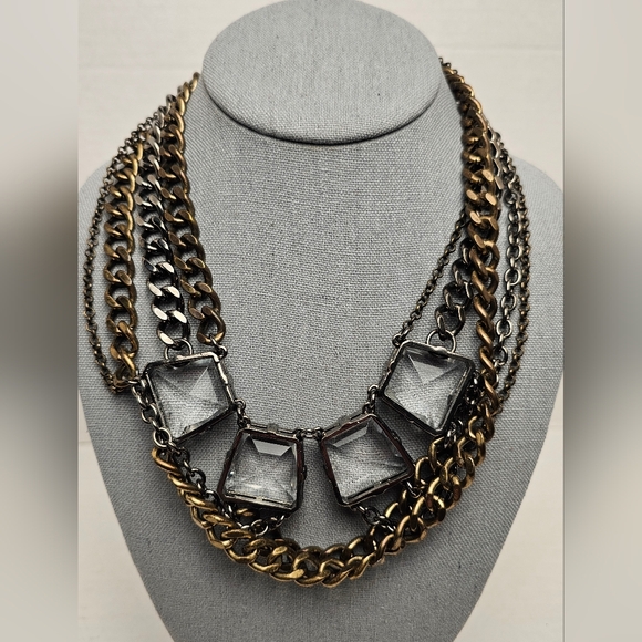 [J. CREW] Heavy Mixed Metals Muli Strand Statement Necklace Large Glass Stones - Picture 2 of 15